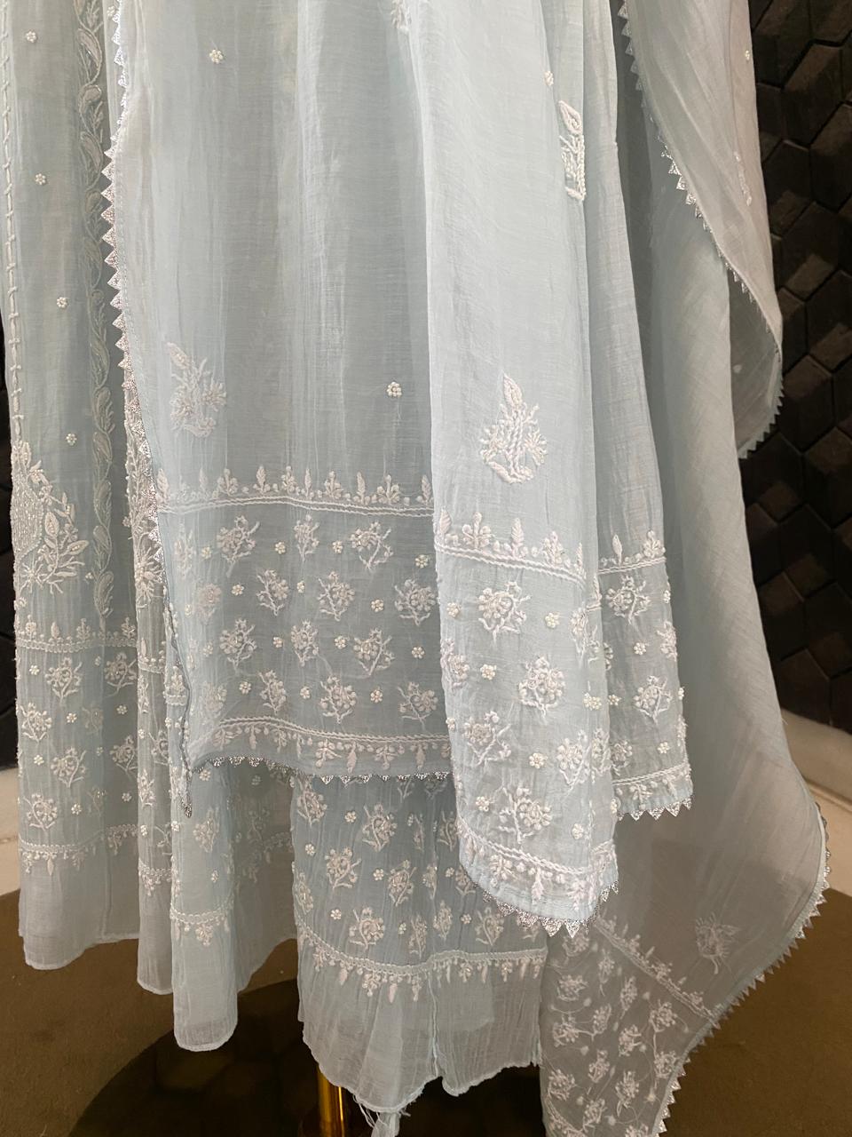 Sky Blue A Line Mul chanderi Kurta Set