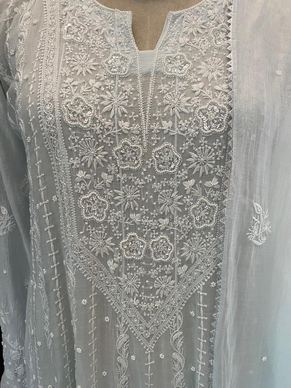 Sky Blue A Line Mul chanderi Kurta Set