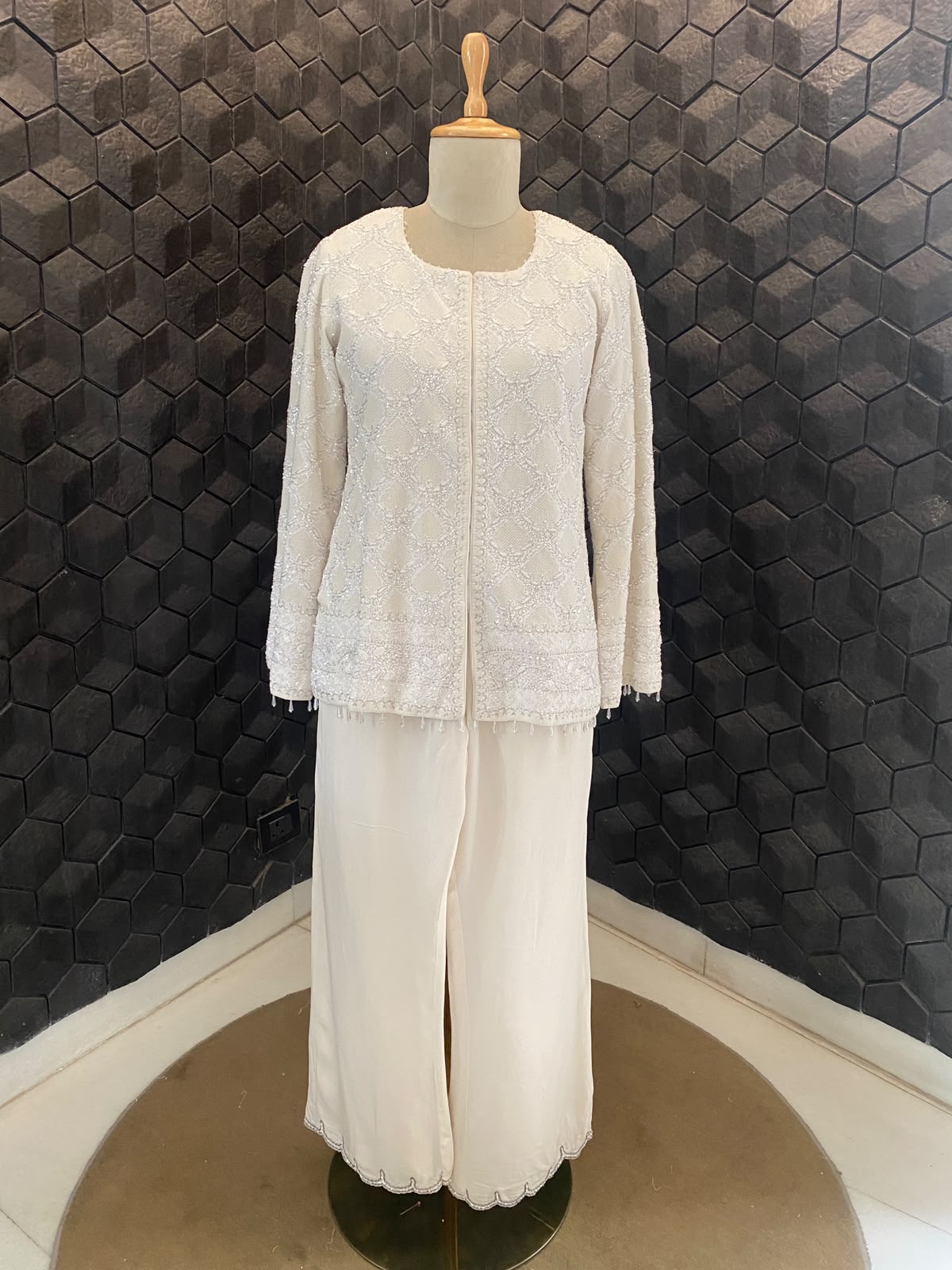 White georgette Chikankari gilet-set