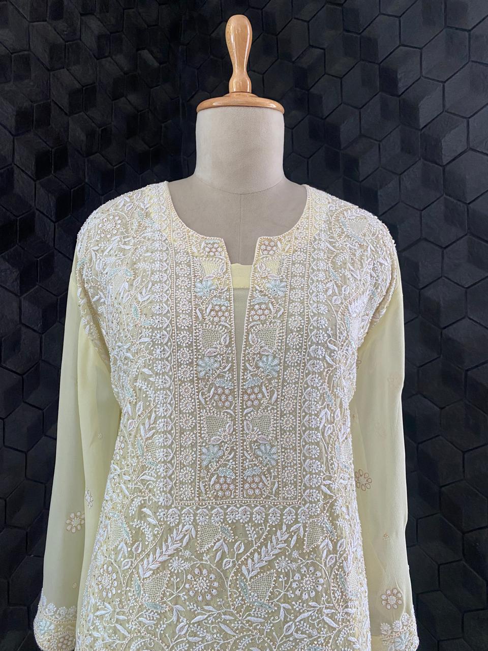 Lemon yellow georgette chikankari Kurta Set