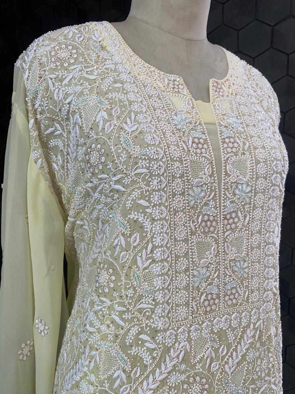 Lemon yellow georgette chikankari Kurta Set
