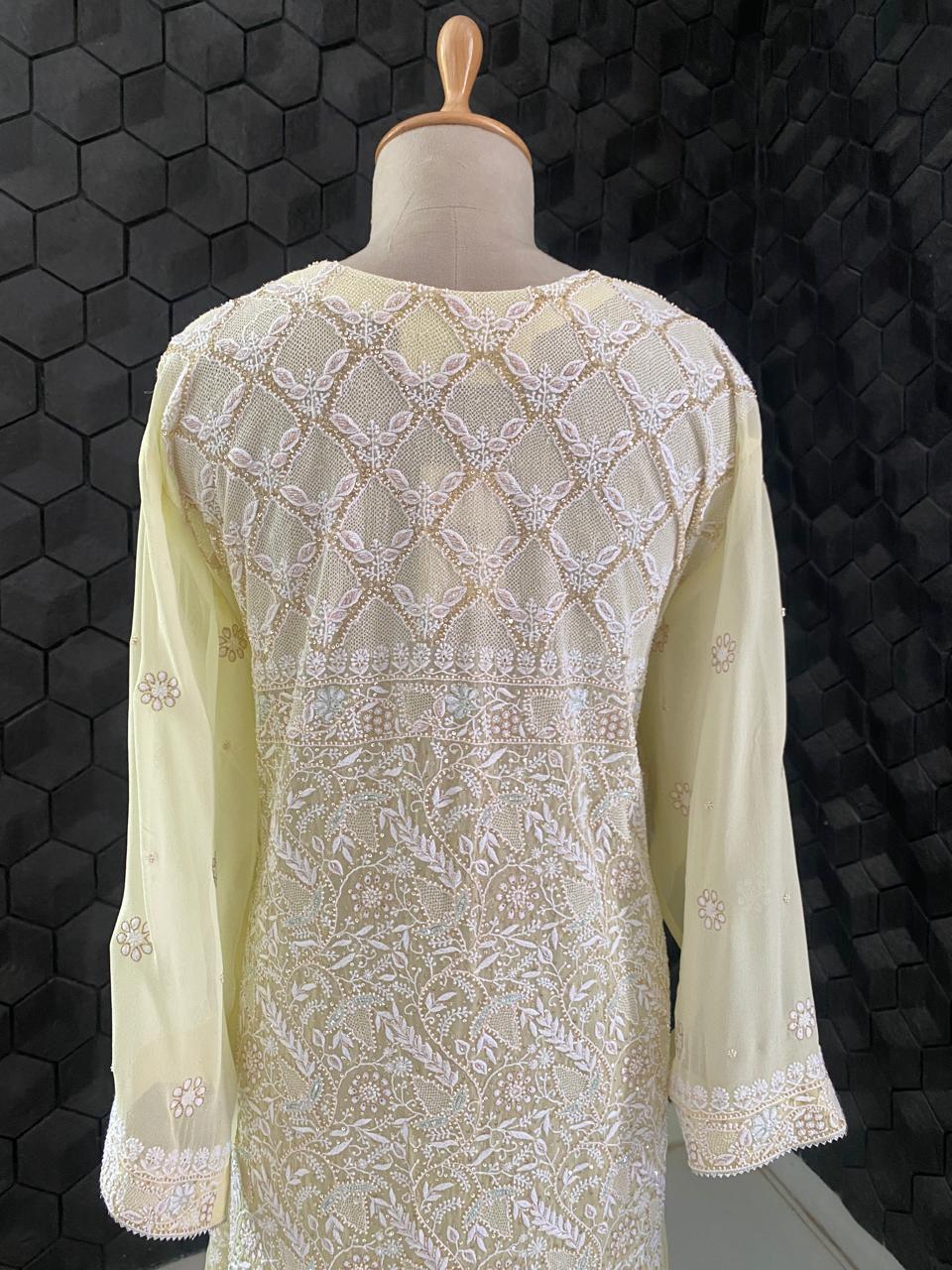 Lemon yellow georgette chikankari Kurta Set