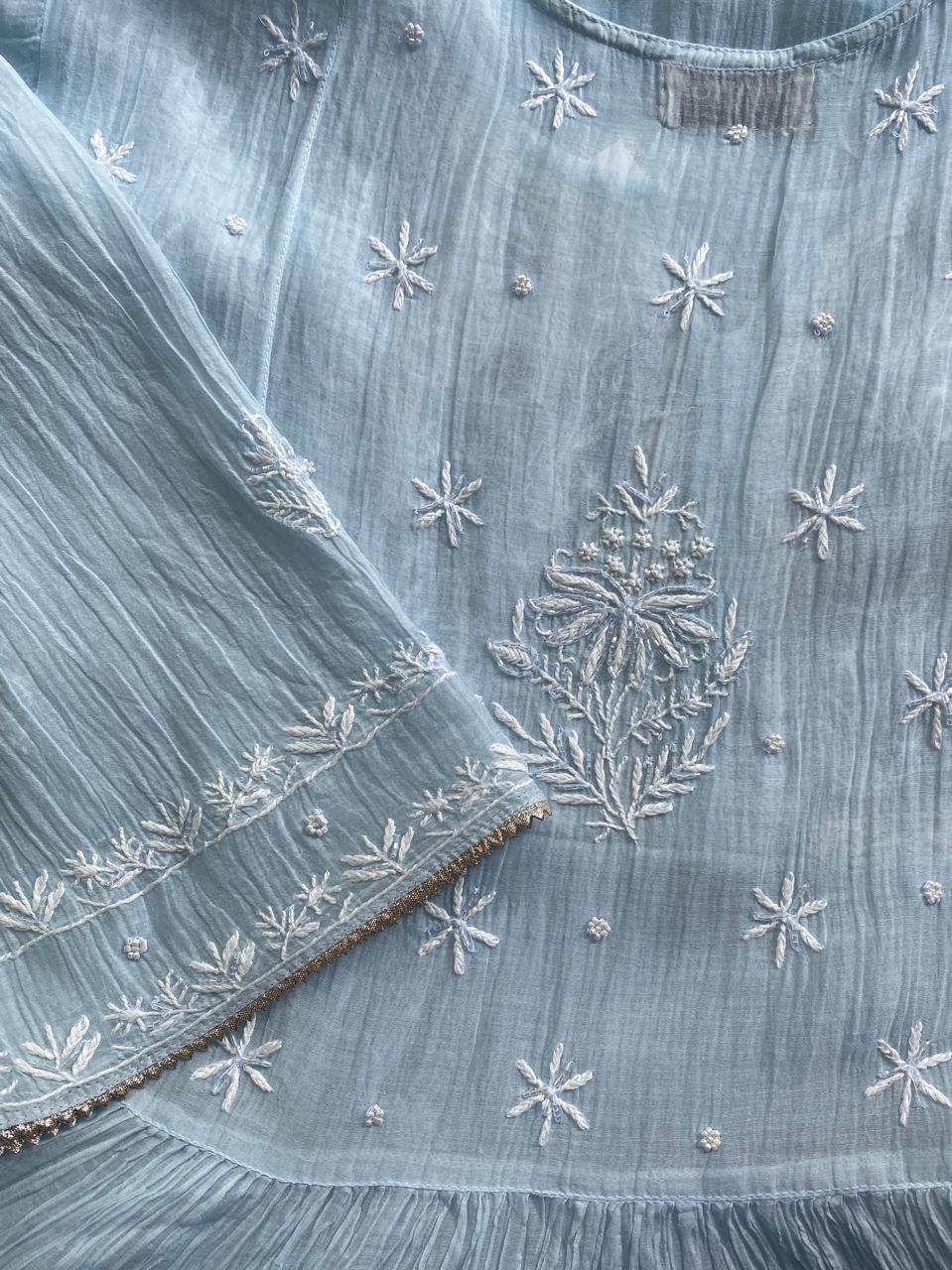 sky blue Mul Chanderi Chikankari A-Line Kurta Set