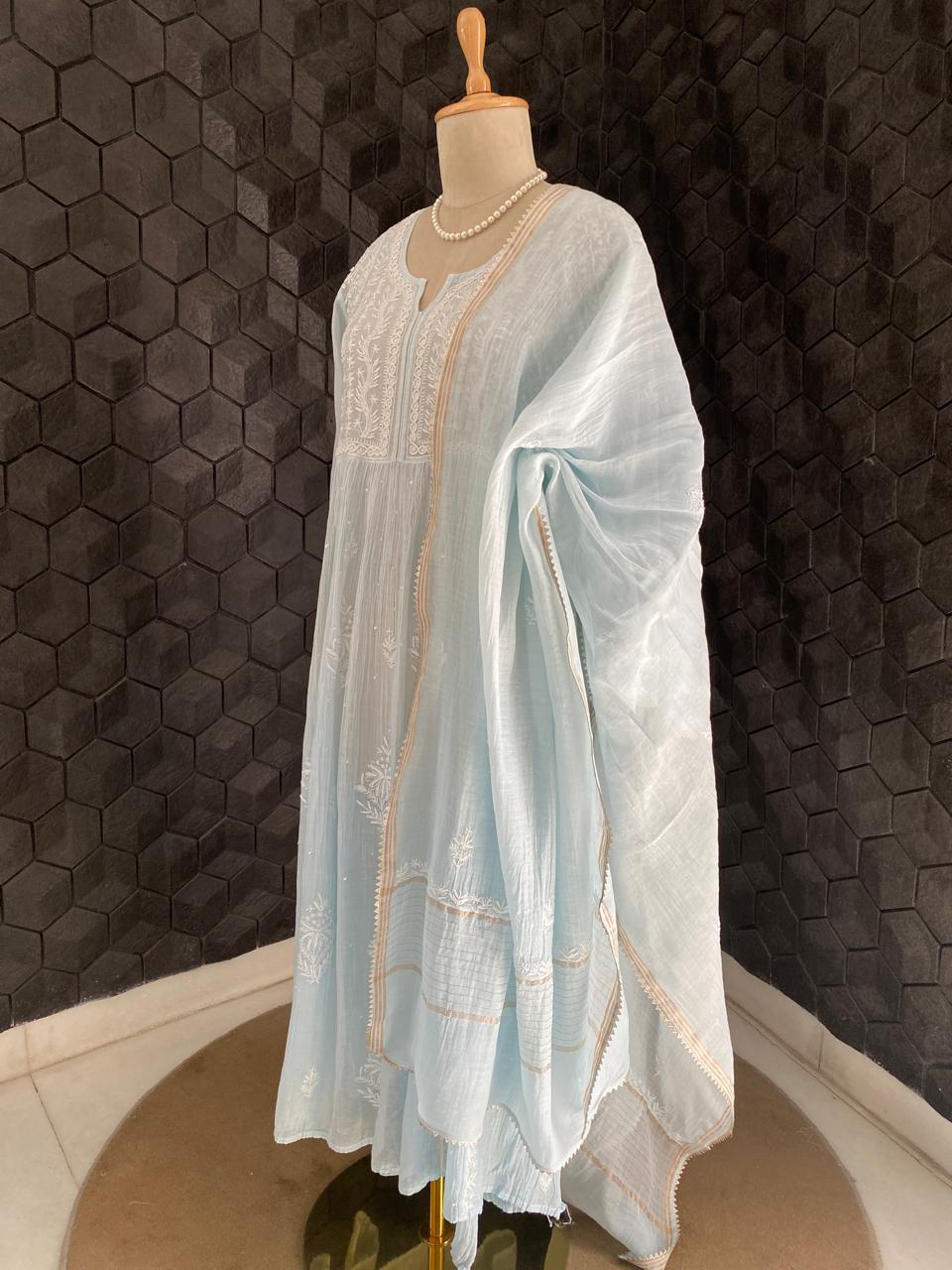 sky blue Mul Chanderi Chikankari A-Line Kurta Set