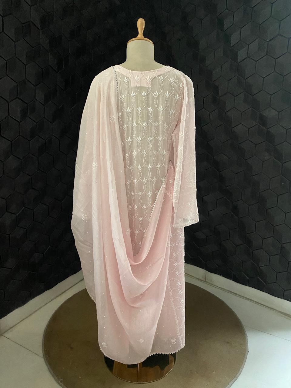 Pink Centre Panel Lotus Chikankari Mul Chanderi Kurta Set