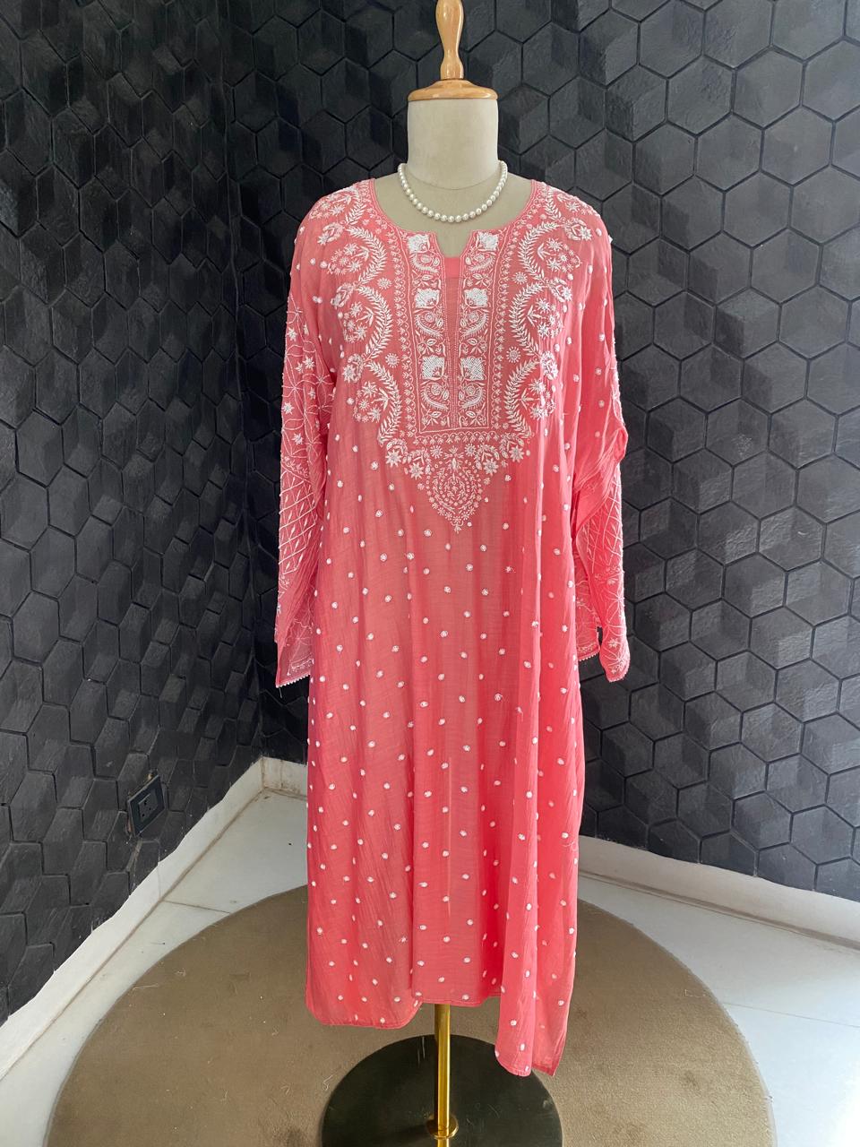 Pink Mul Chanderi Chikankari Kurta Set