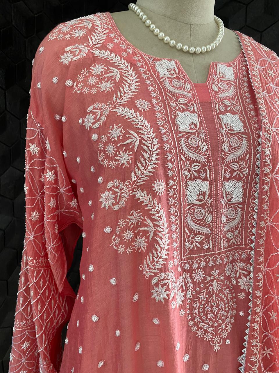 Pink Mul Chanderi Chikankari Kurta Set