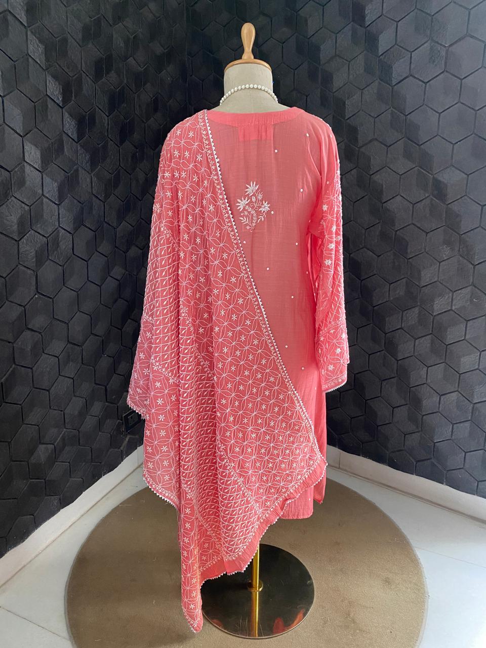 Pink Mul Chanderi Chikankari Kurta Set
