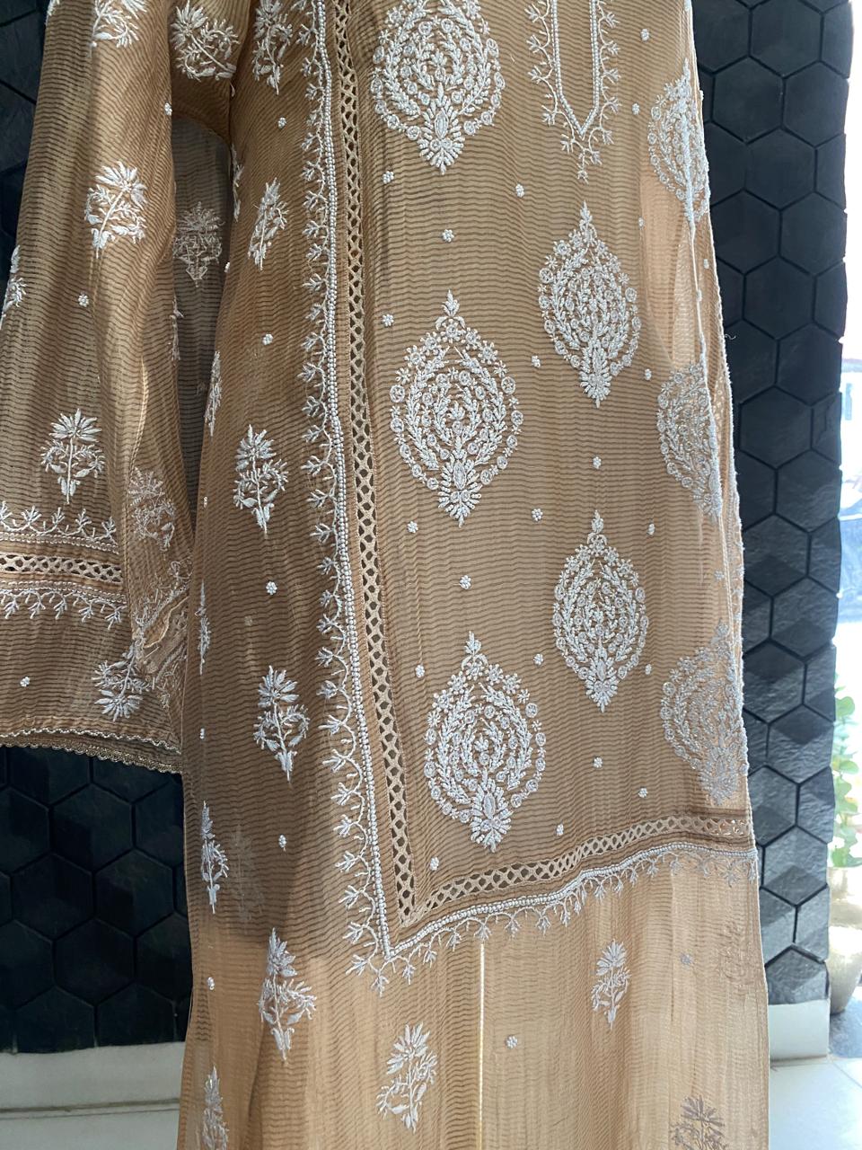 Natural Strip Tissue Chikankari Kurta Set
