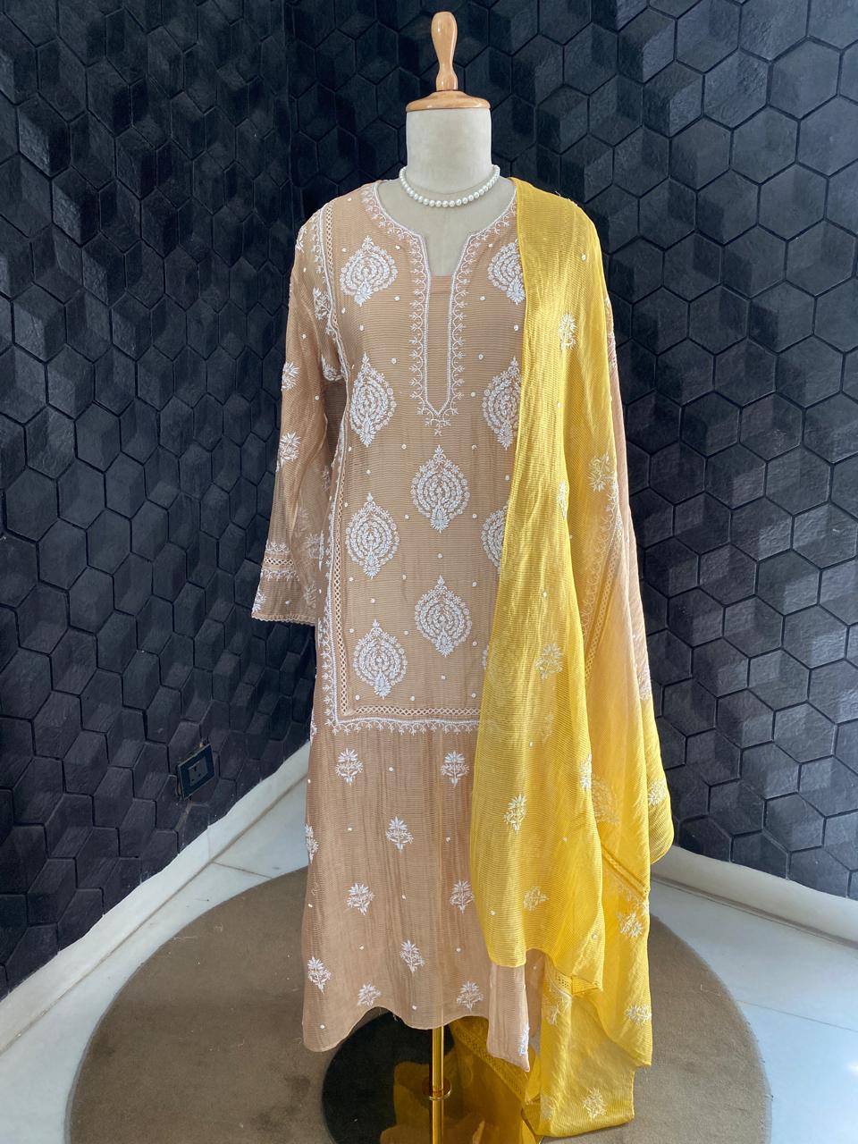 Natural Strip Tissue Chikankari Kurta Set