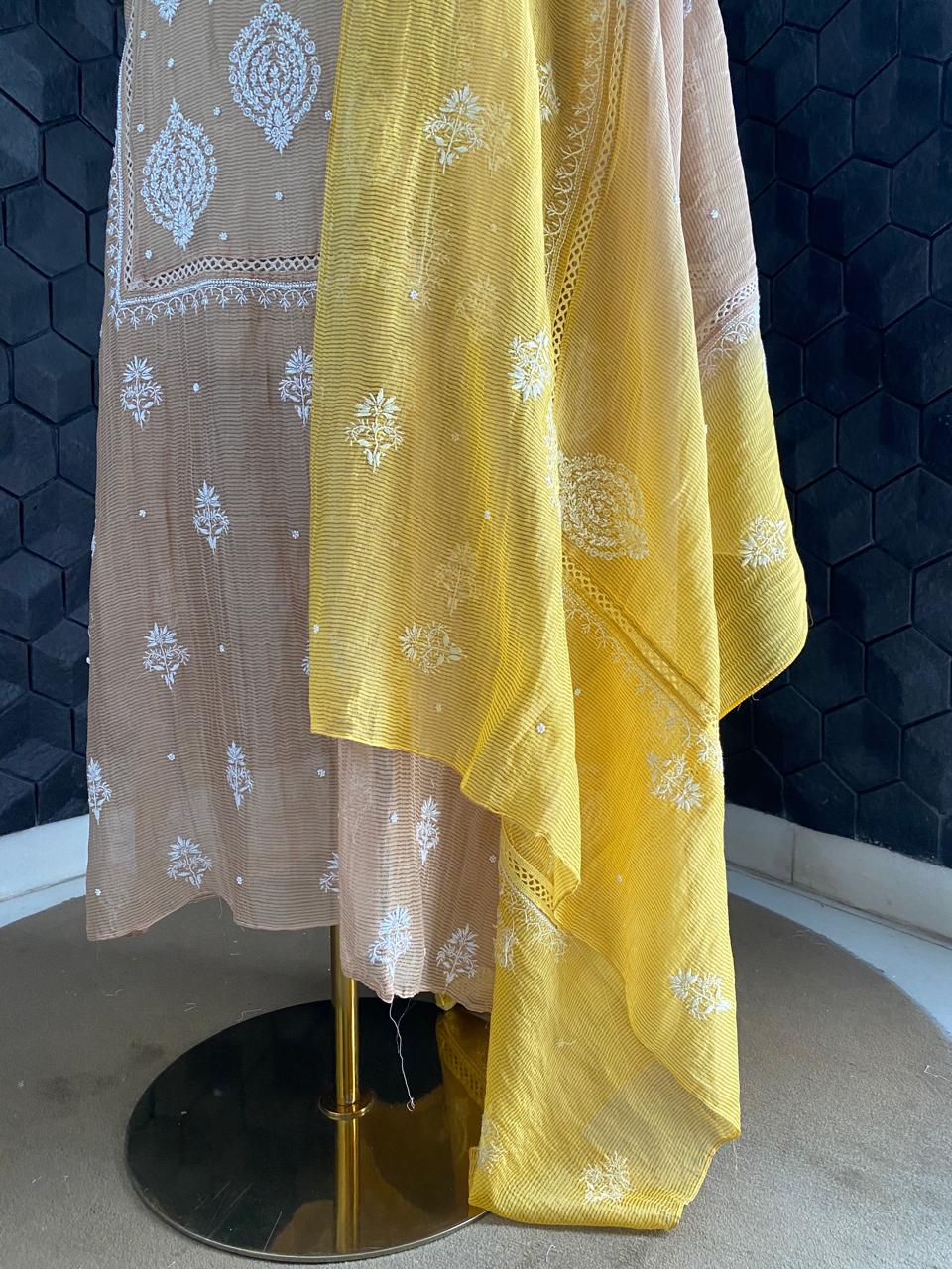 Natural Strip Tissue Chikankari Kurta Set