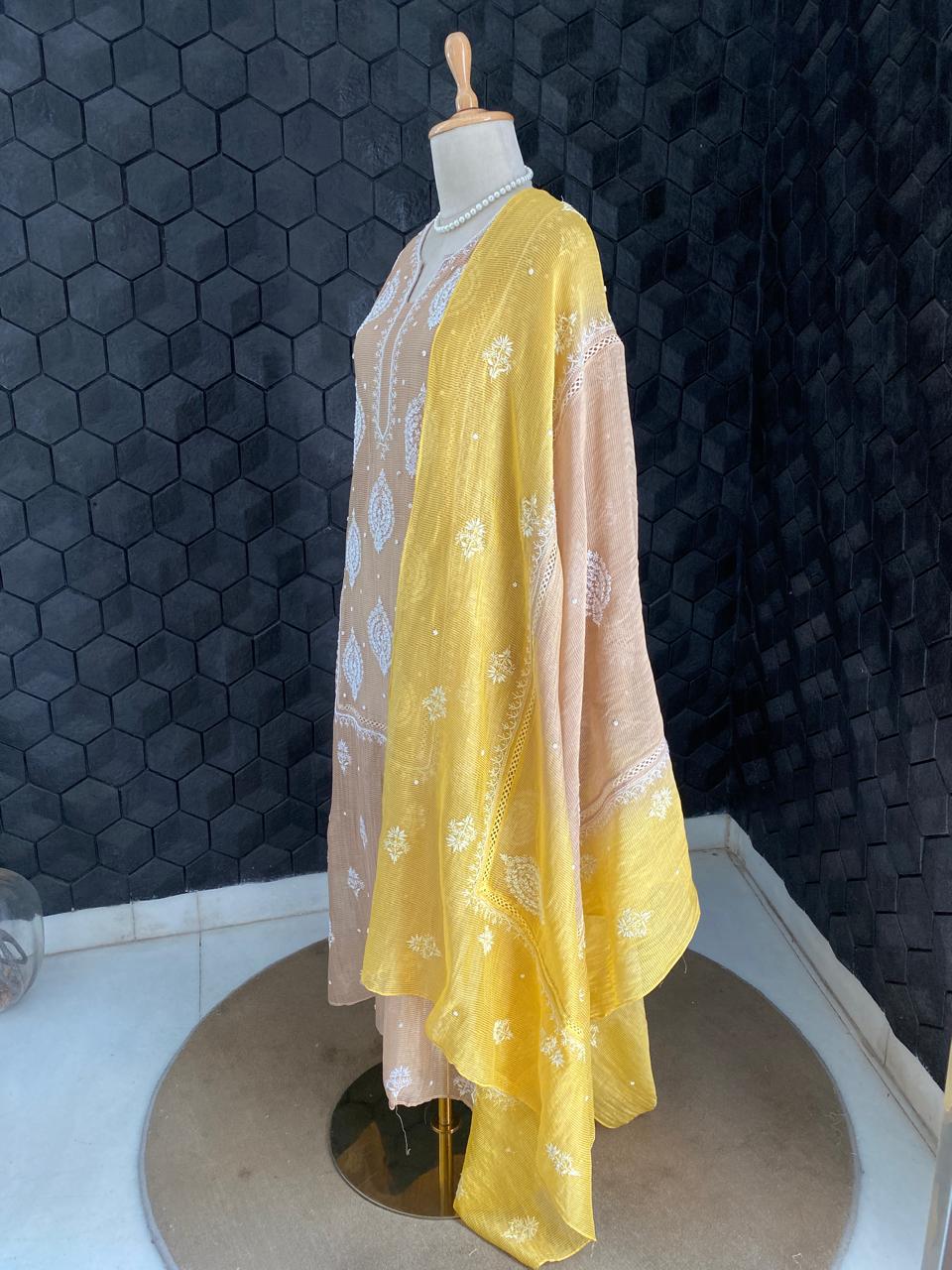 Natural Strip Tissue Chikankari Kurta Set