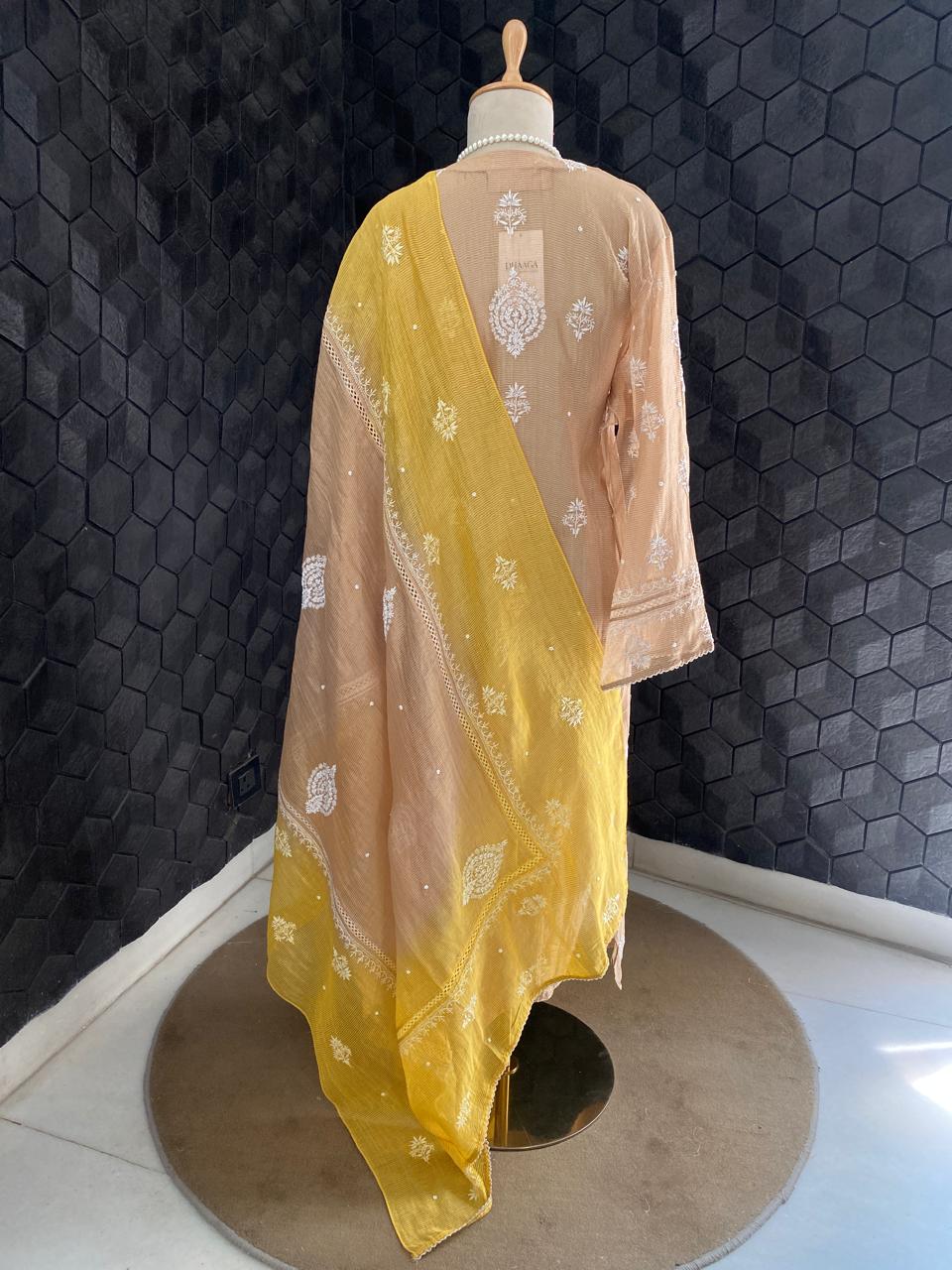 Natural Strip Tissue Chikankari Kurta Set