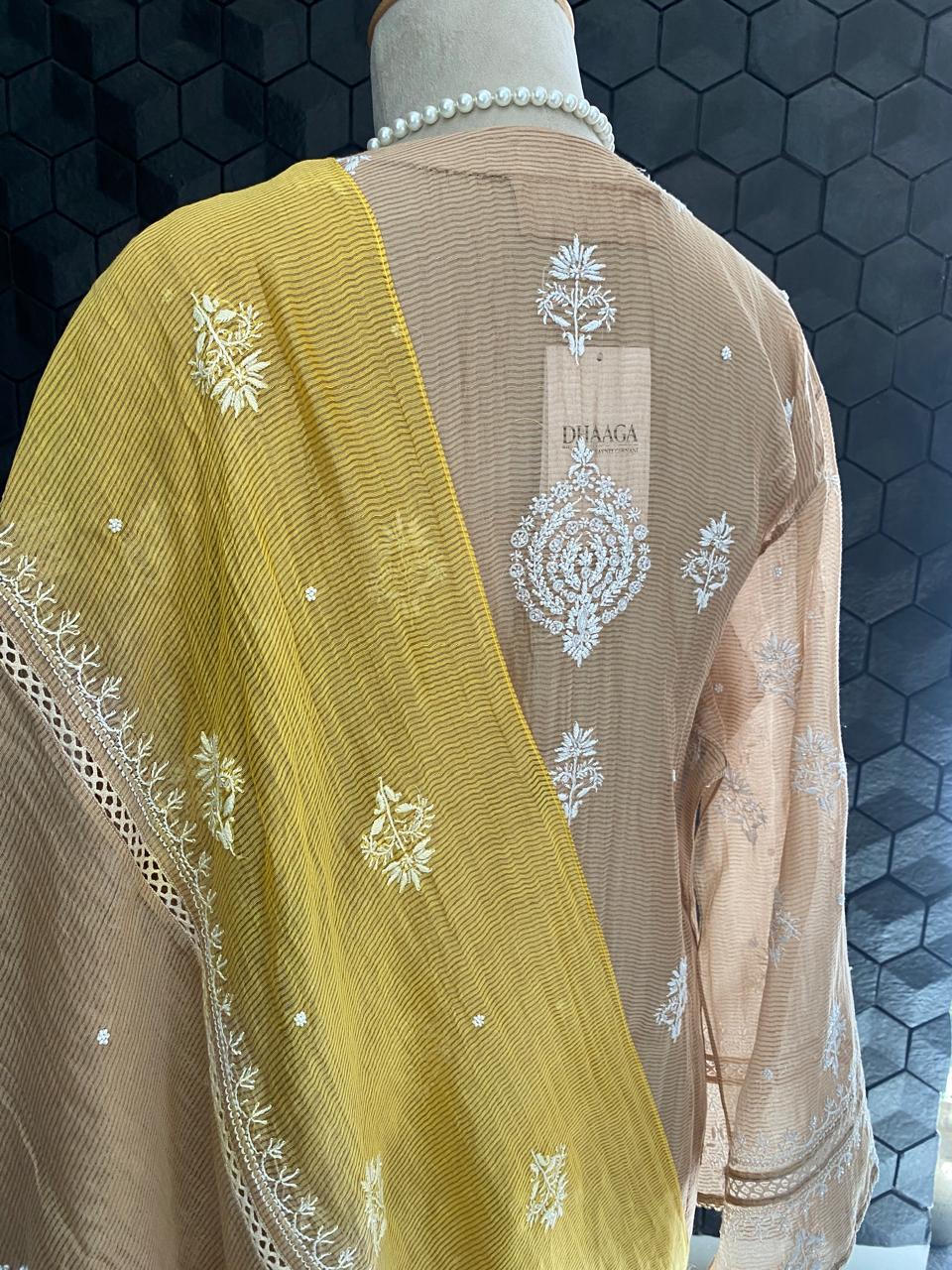 Natural Strip Tissue Chikankari Kurta Set