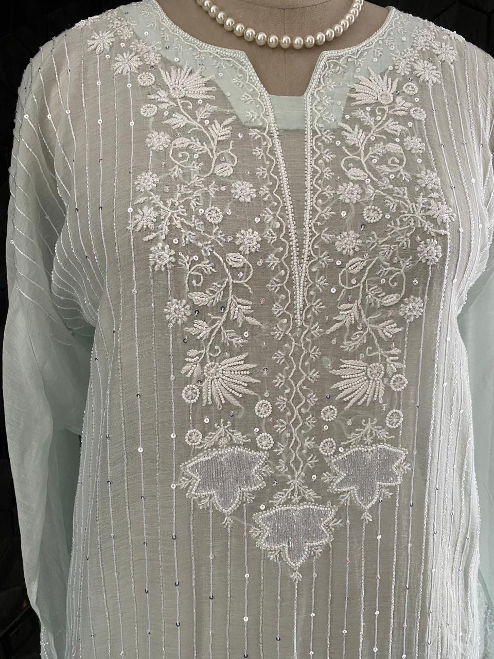 Mint Green Mul Chanderi Chikankari Kurta Set