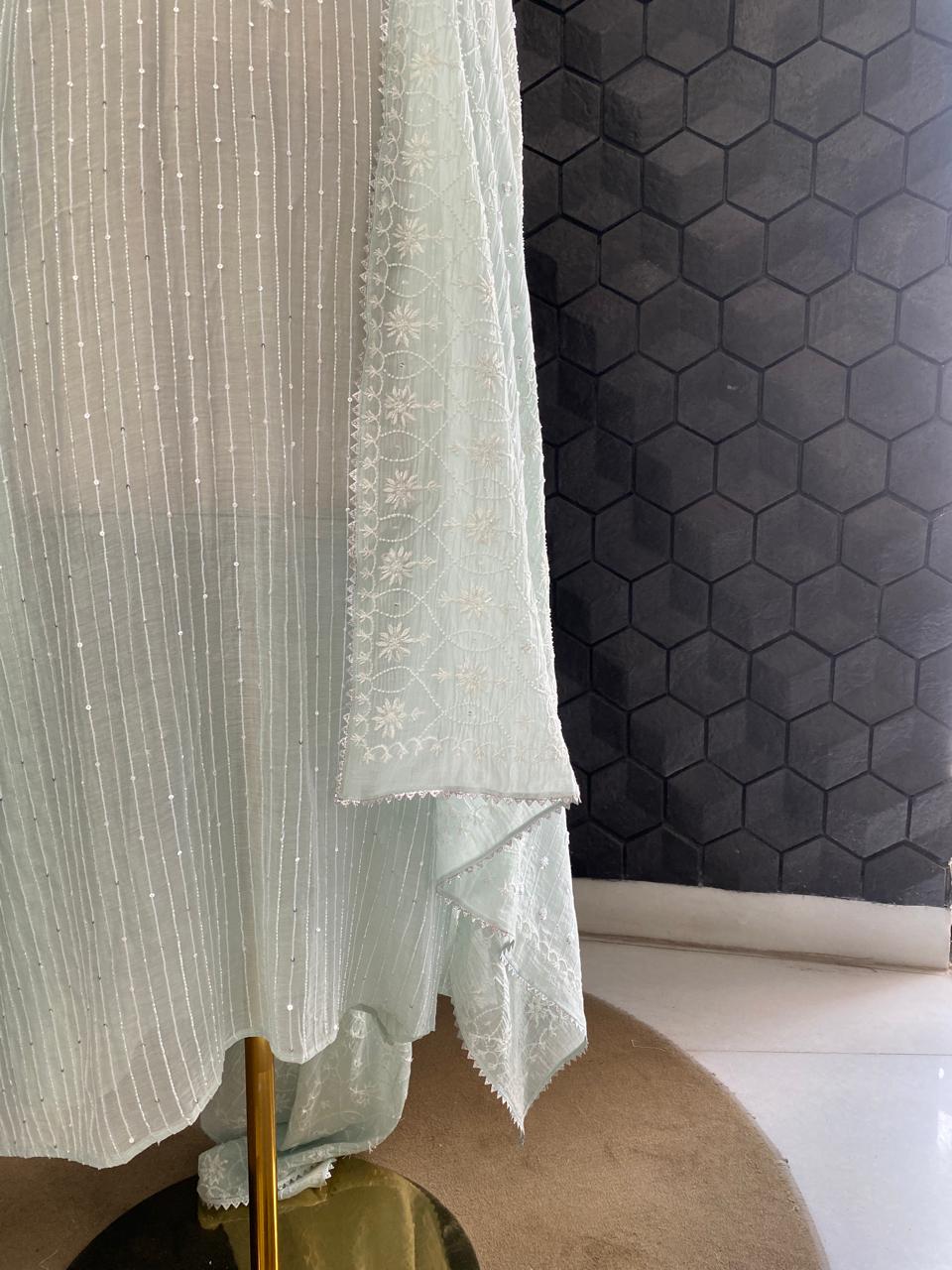 Mint Green Mul Chanderi Chikankari Kurta Set