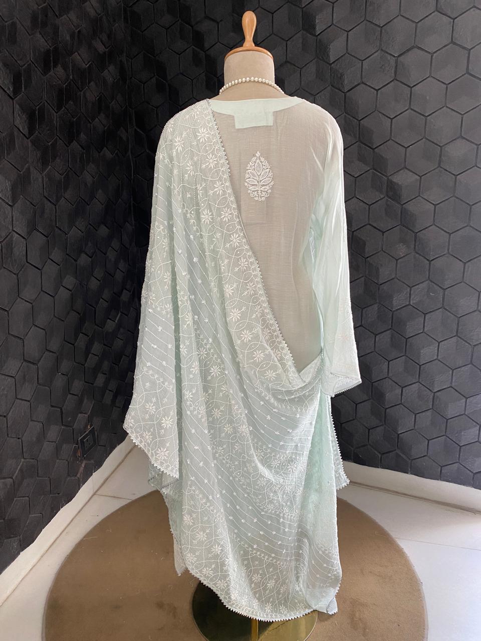 Mint Green Mul Chanderi Chikankari Kurta Set