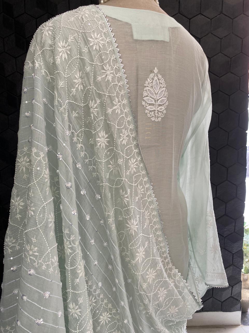 Mint Green Mul Chanderi Chikankari Kurta Set