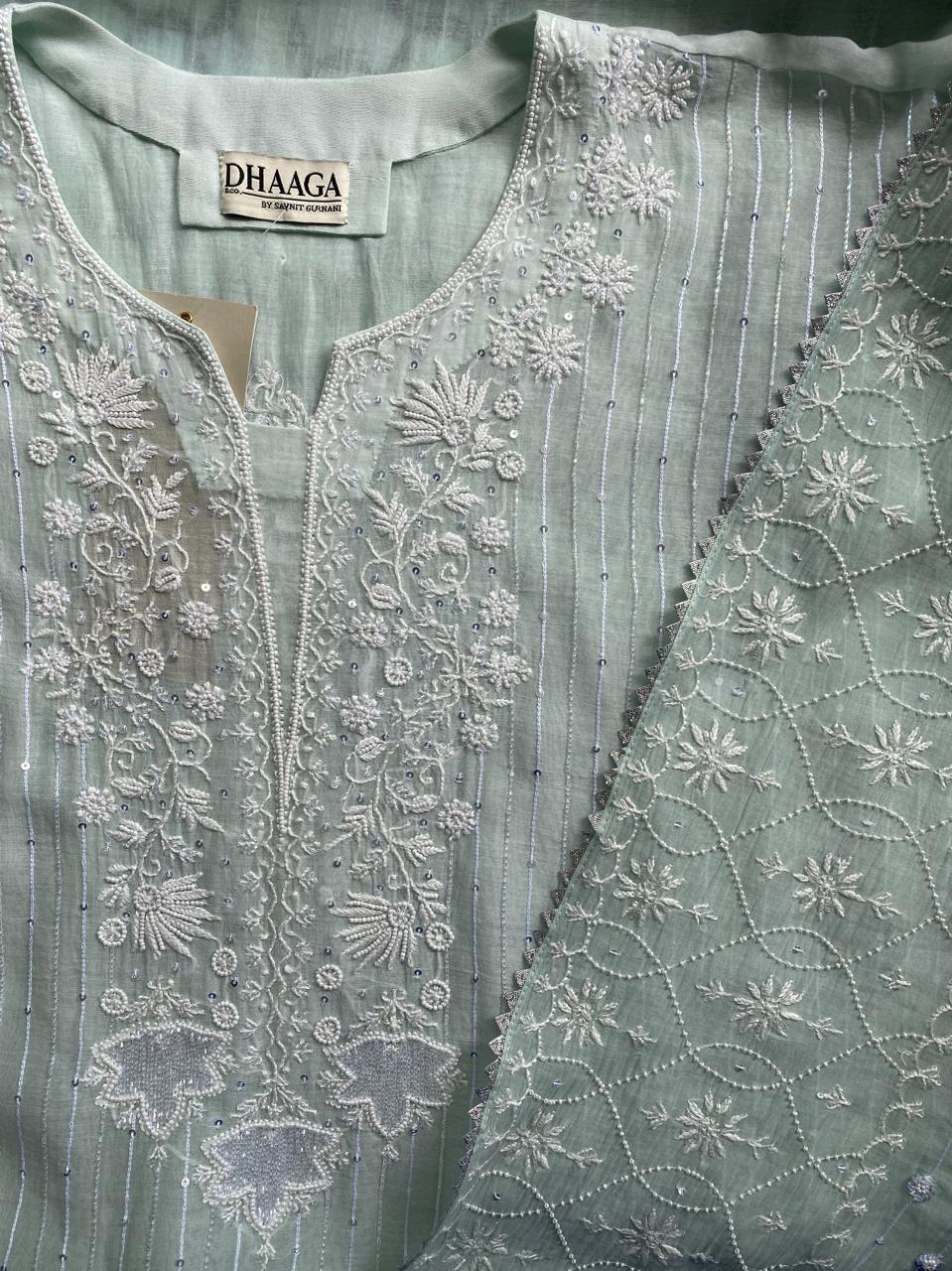 Mint Green Mul Chanderi Chikankari Kurta Set