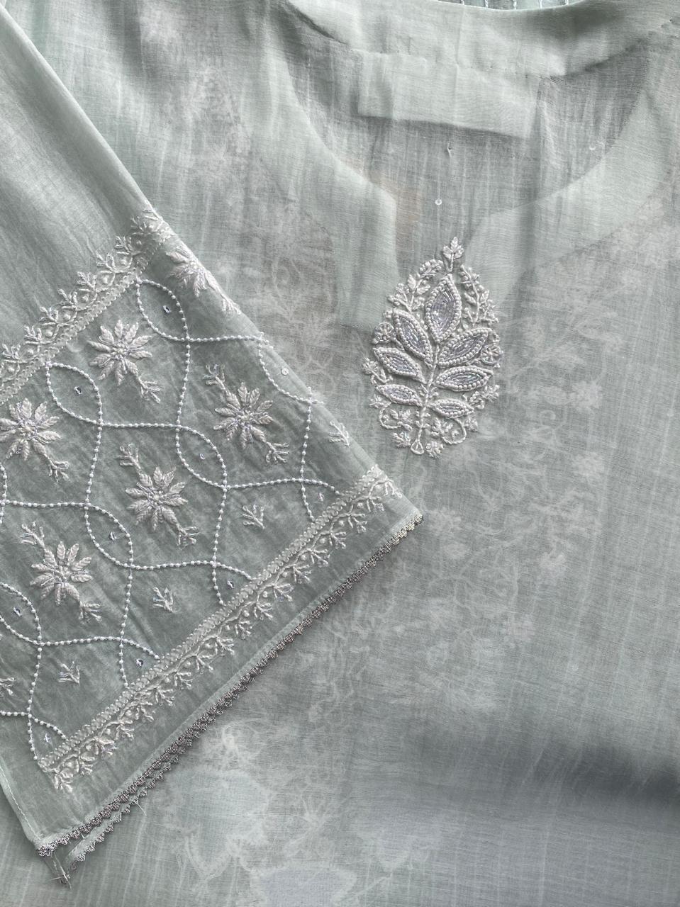 Mint Green Mul Chanderi Chikankari Kurta Set