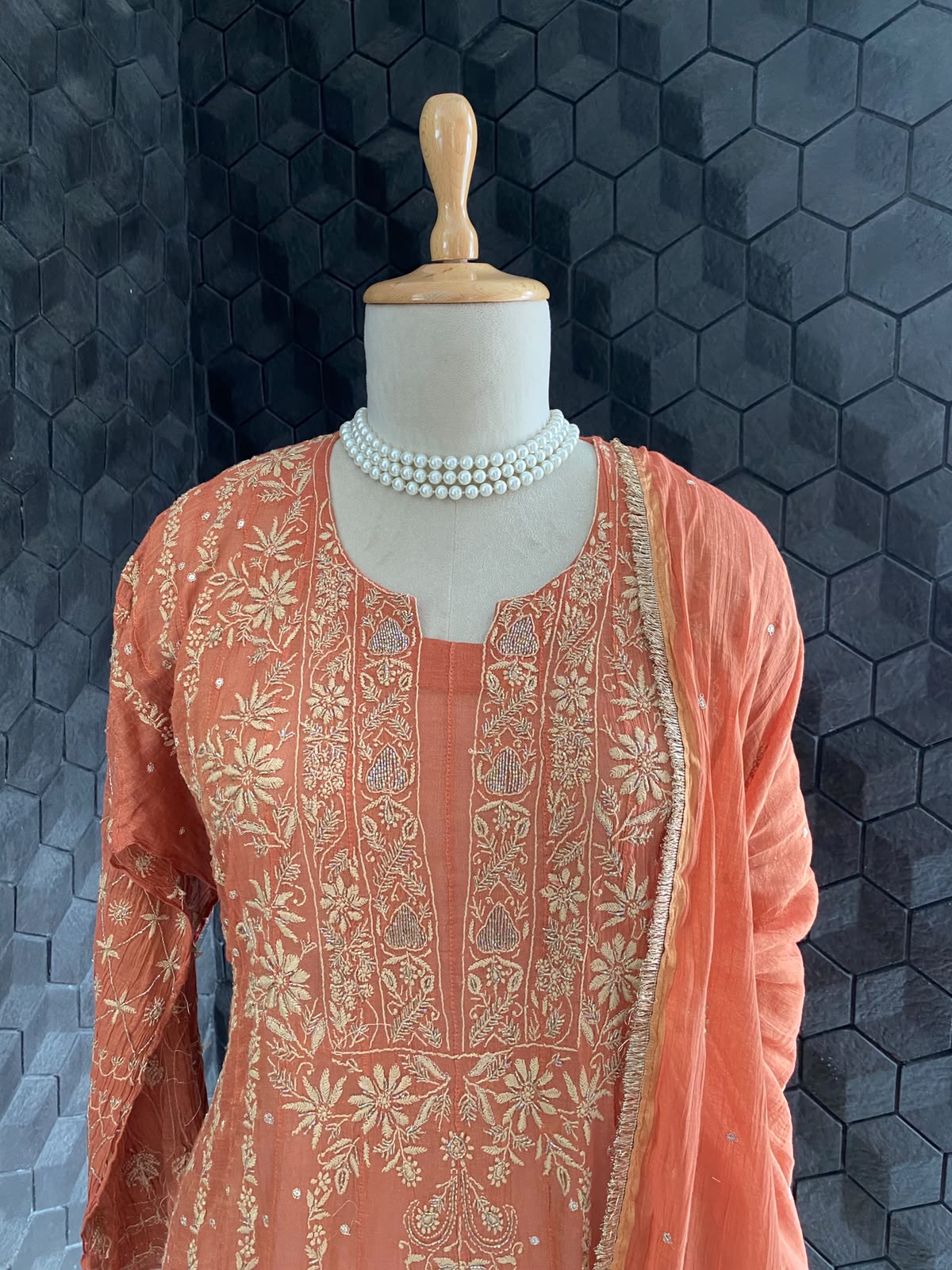 Rust Orange golden tissue Anarkali set