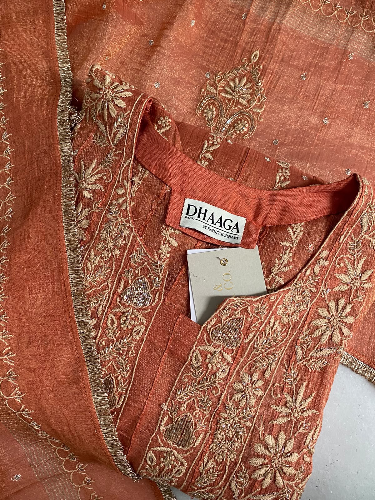 Rust Orange golden tissue Anarkali set