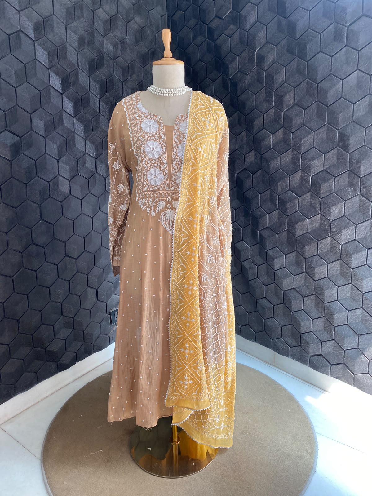 Brown chikankari anarkali set with ombre dupatta