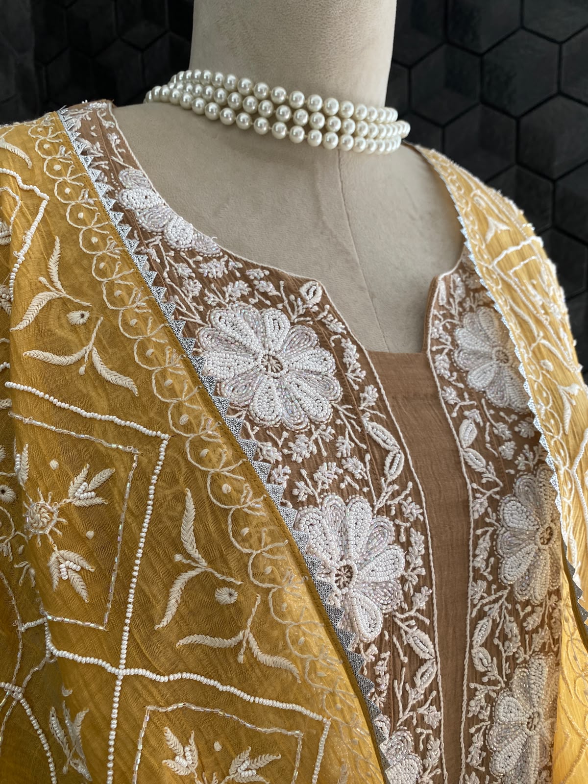 Brown chikankari anarkali set with ombre dupatta