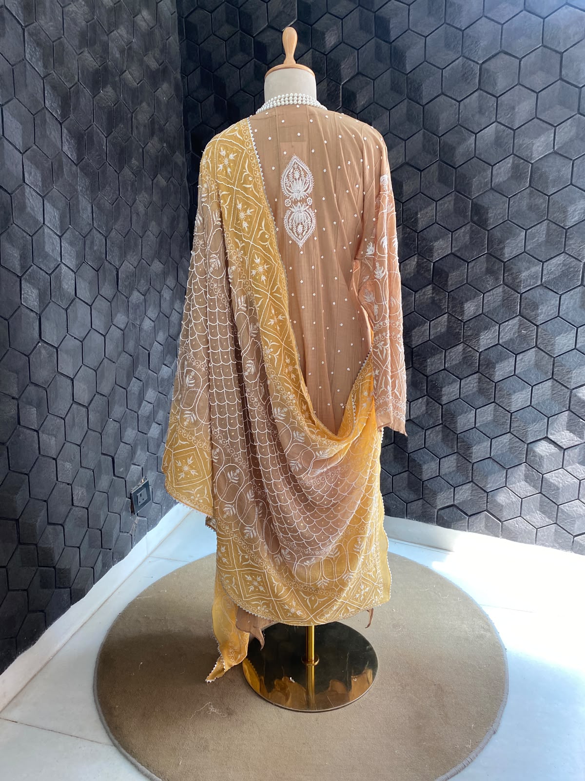 Brown chikankari anarkali set with ombre dupatta