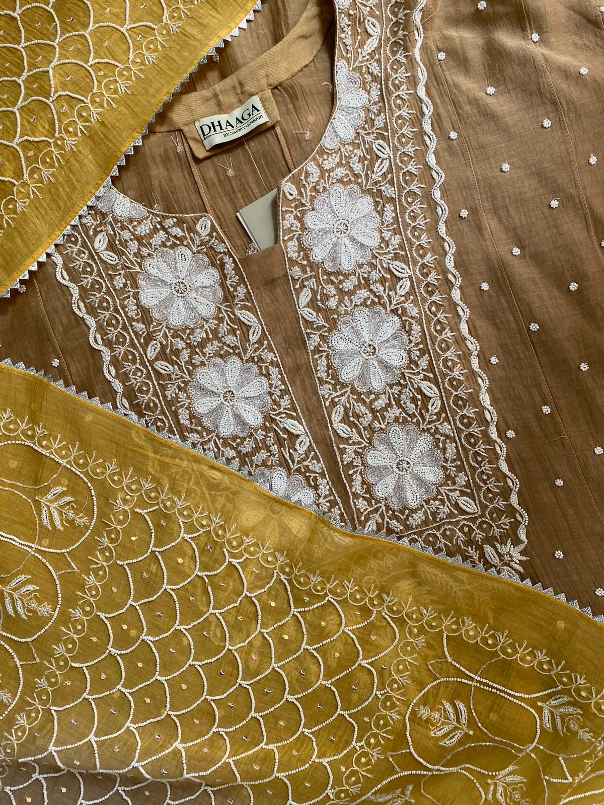 Brown chikankari anarkali set with ombre dupatta
