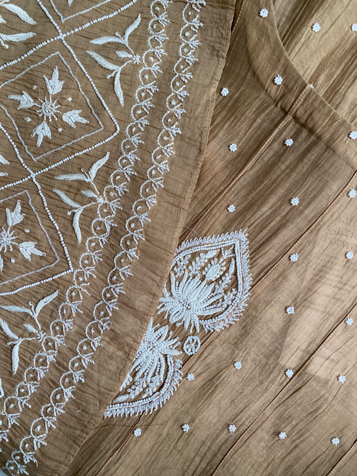 Brown chikankari anarkali set with ombre dupatta