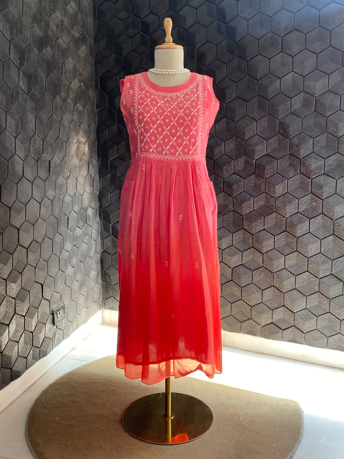 Pink ombre mul chanderi sleeveless chikankari dress