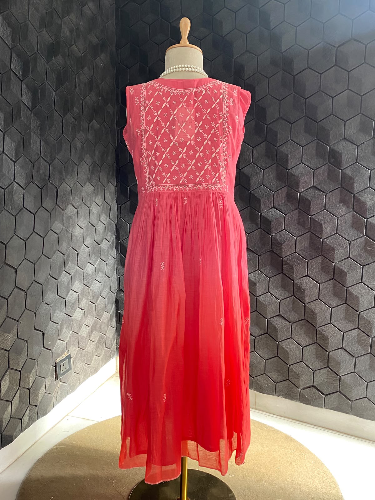 Pink ombre mul chanderi sleeveless chikankari dress