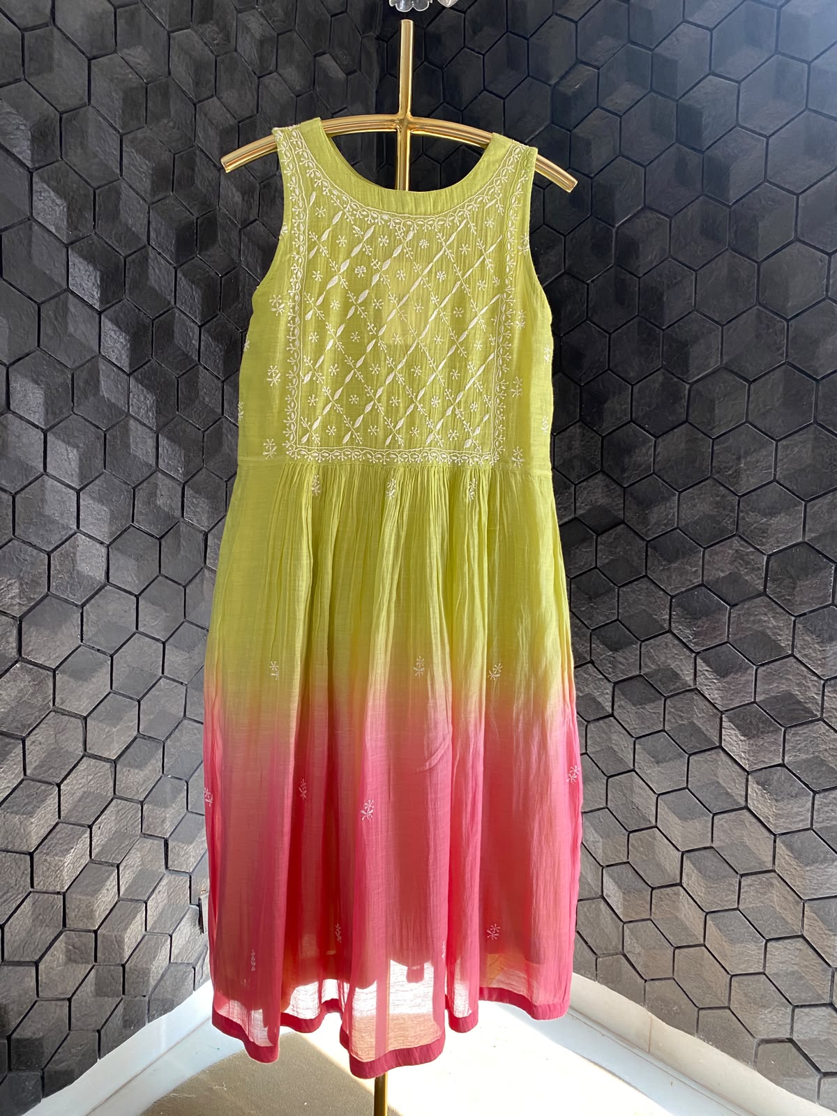 Lime Green pink ombre chikankari dress