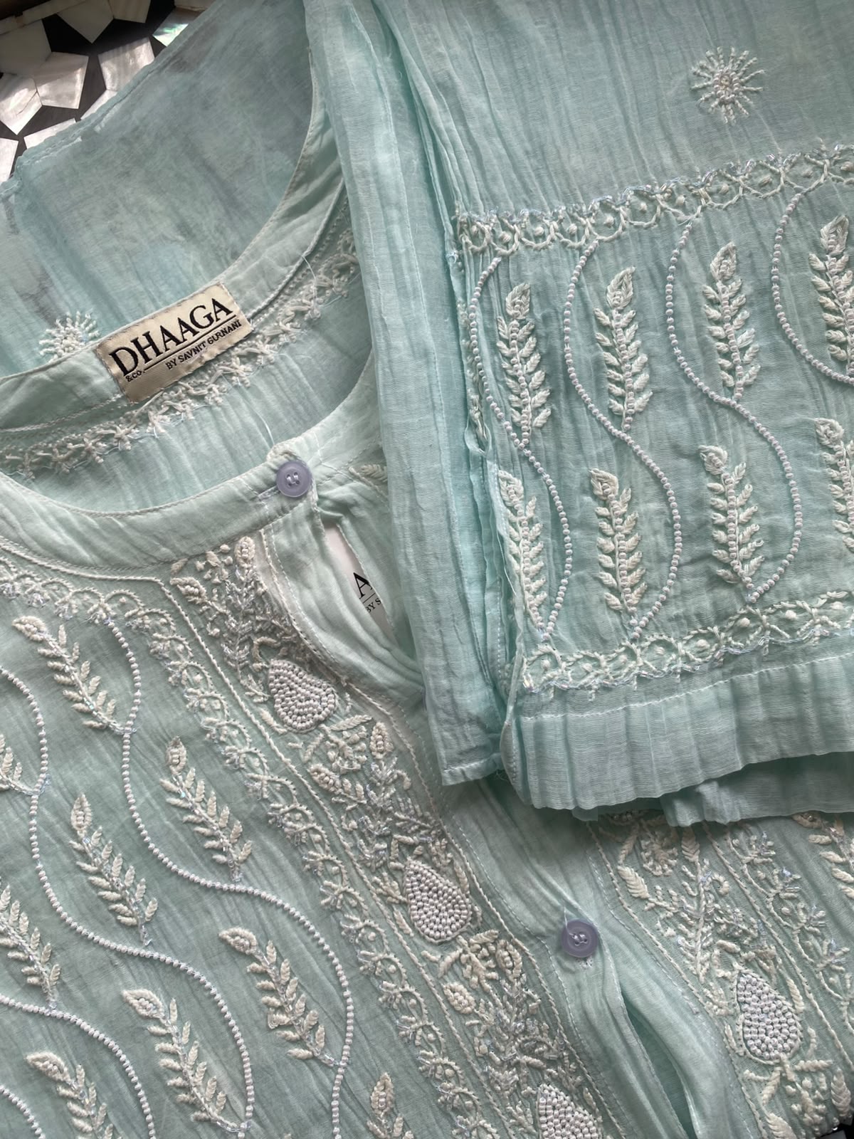 sea green mul chanderi chikankari co-ord set