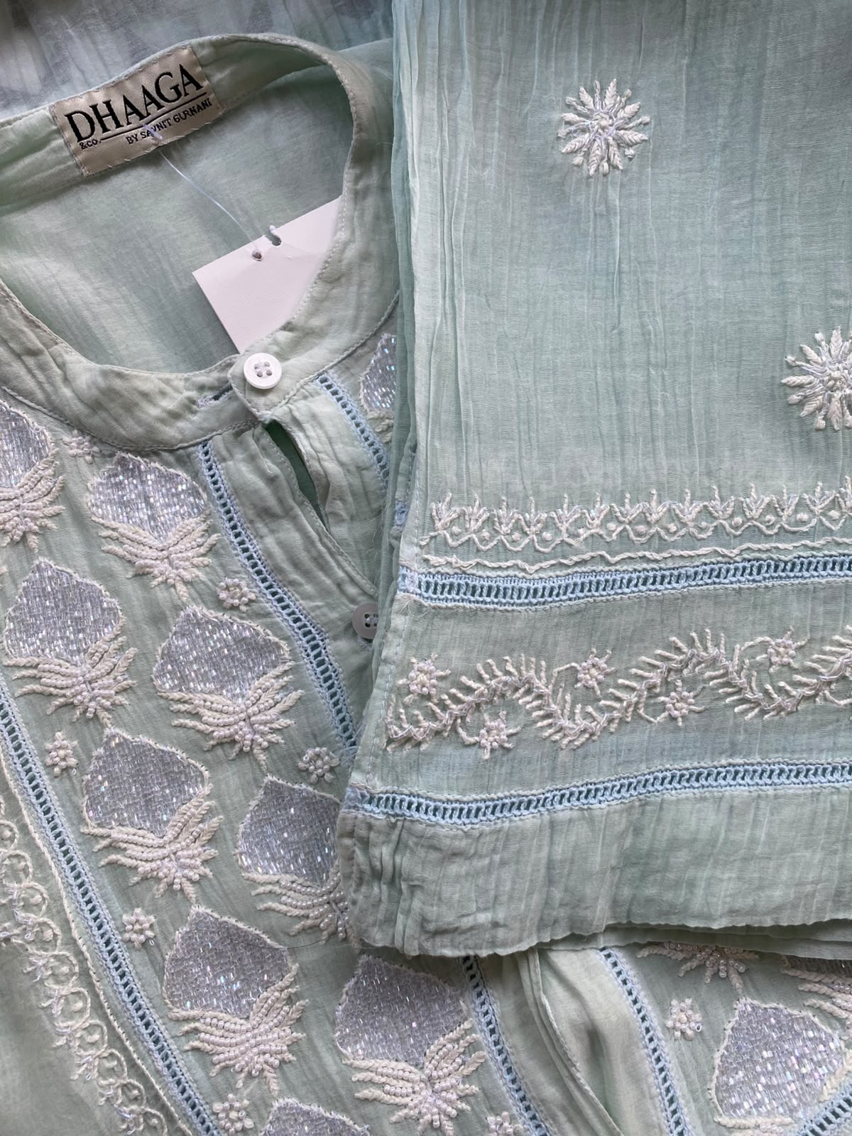Sea Green Mul Chanderi Chikankari Co-ord set