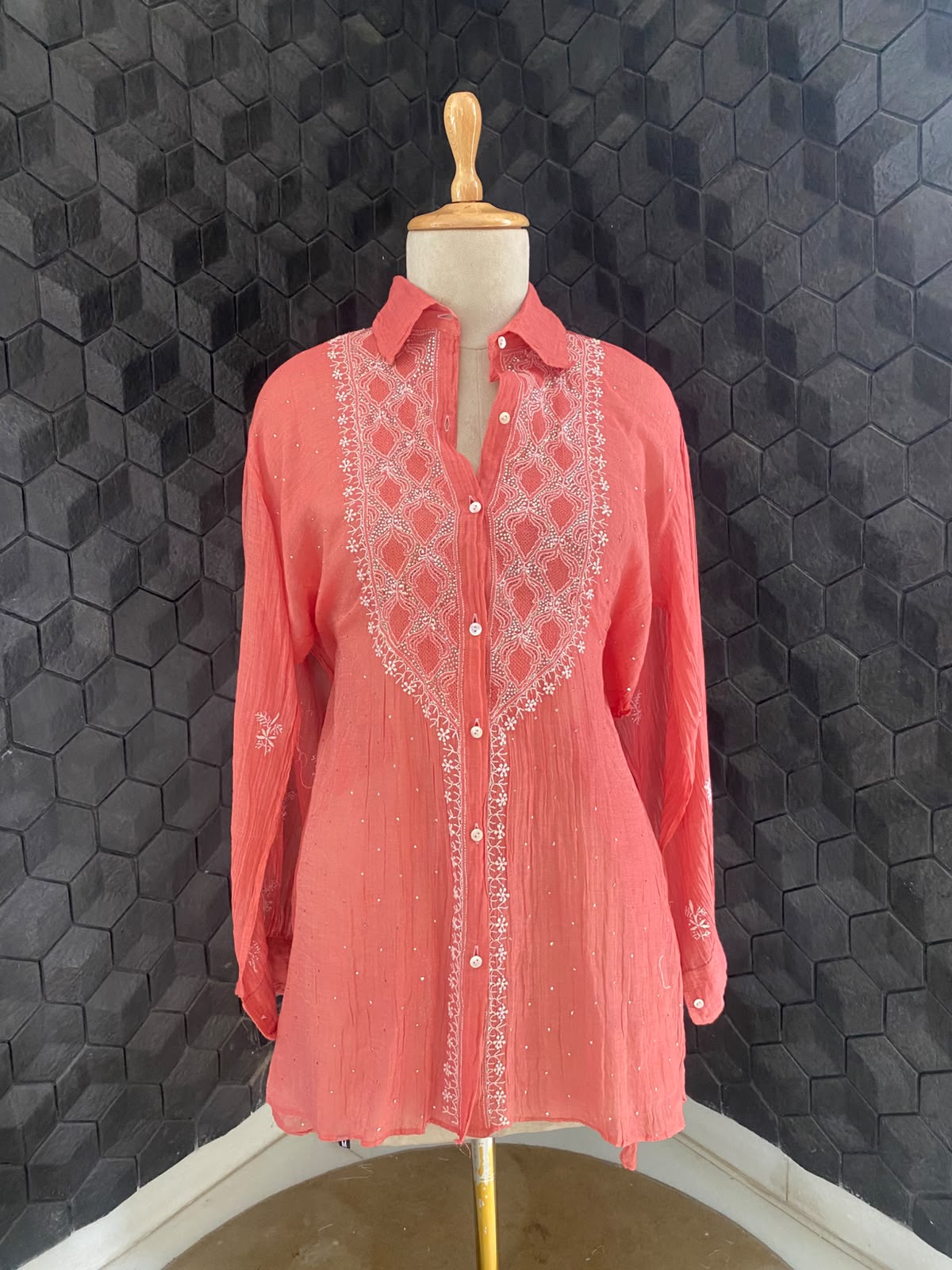 fuschia pink Golden tissue chikankari shirt