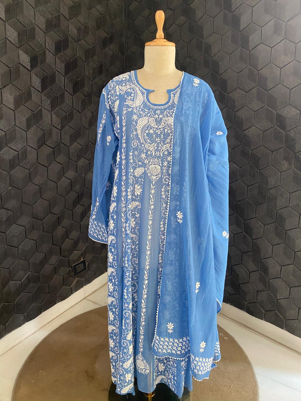 Cobalt Blue Mul Chanderi Chikankari Anarkali Kurta Set