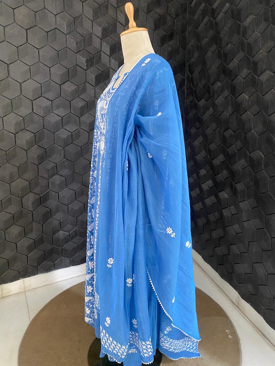 Cobalt Blue Mul Chanderi Chikankari Anarkali Kurta Set