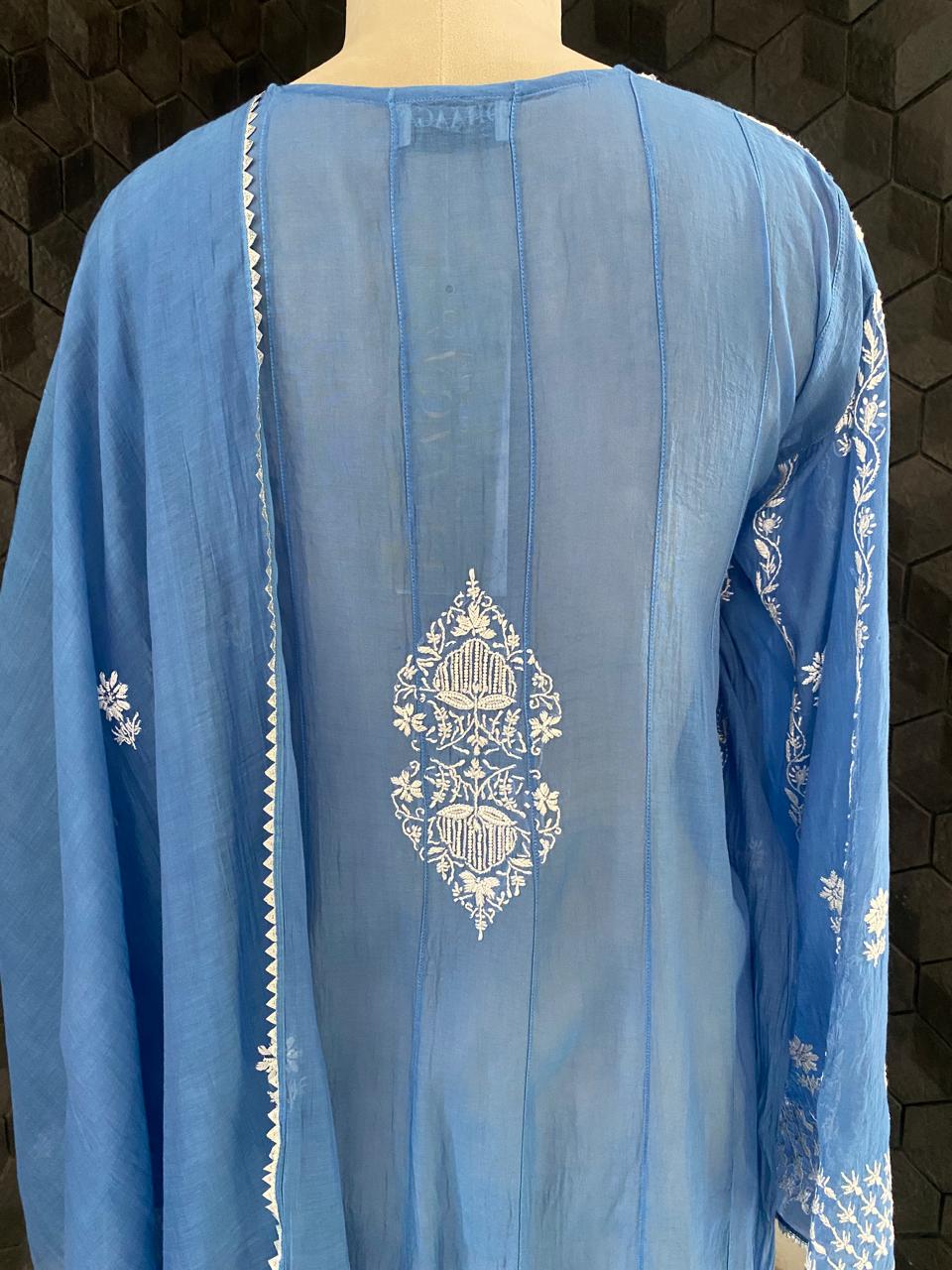 Cobalt Blue Mul Chanderi Chikankari Anarkali Kurta Set