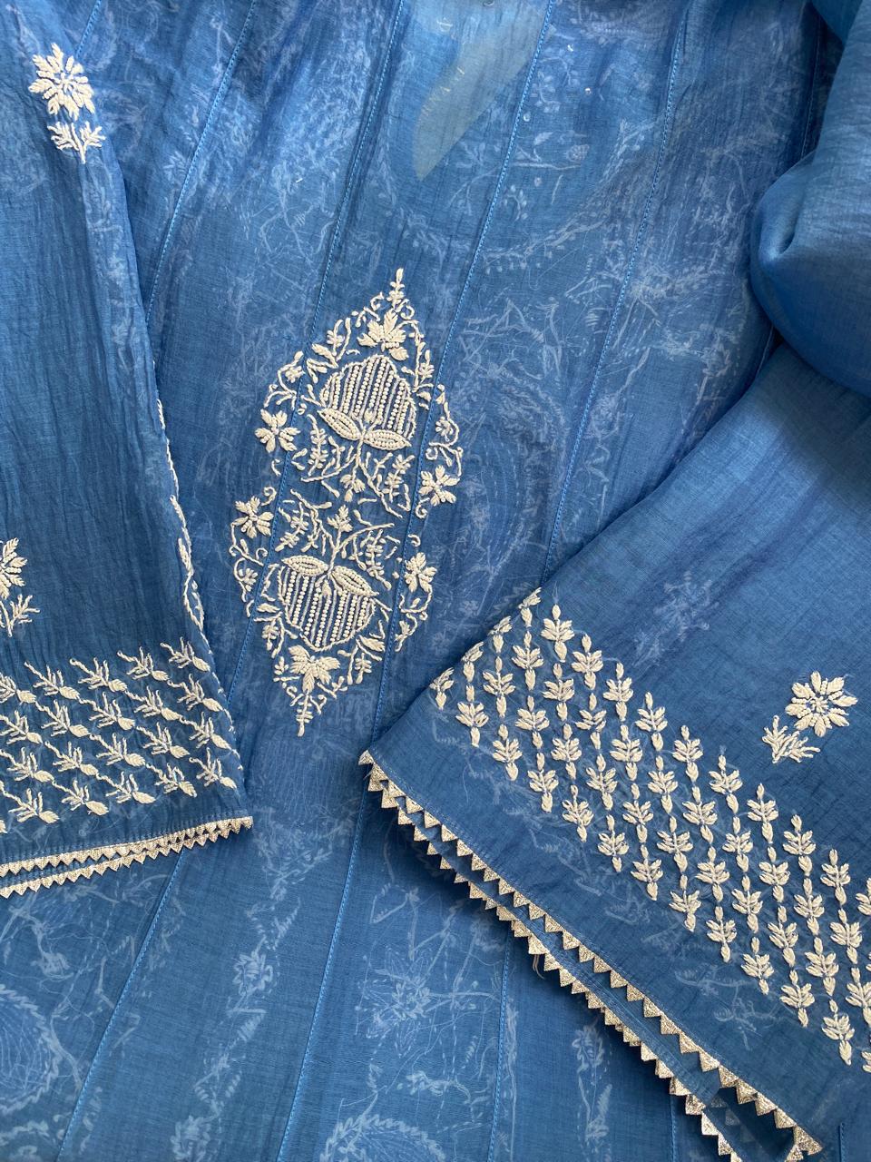 Cobalt Blue Mul Chanderi Chikankari Anarkali Kurta Set