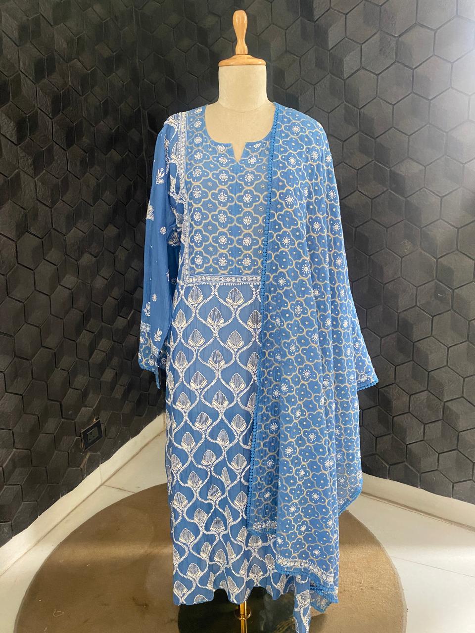 Cobalt blue Mul Chanderi Chikankari Kurta Se