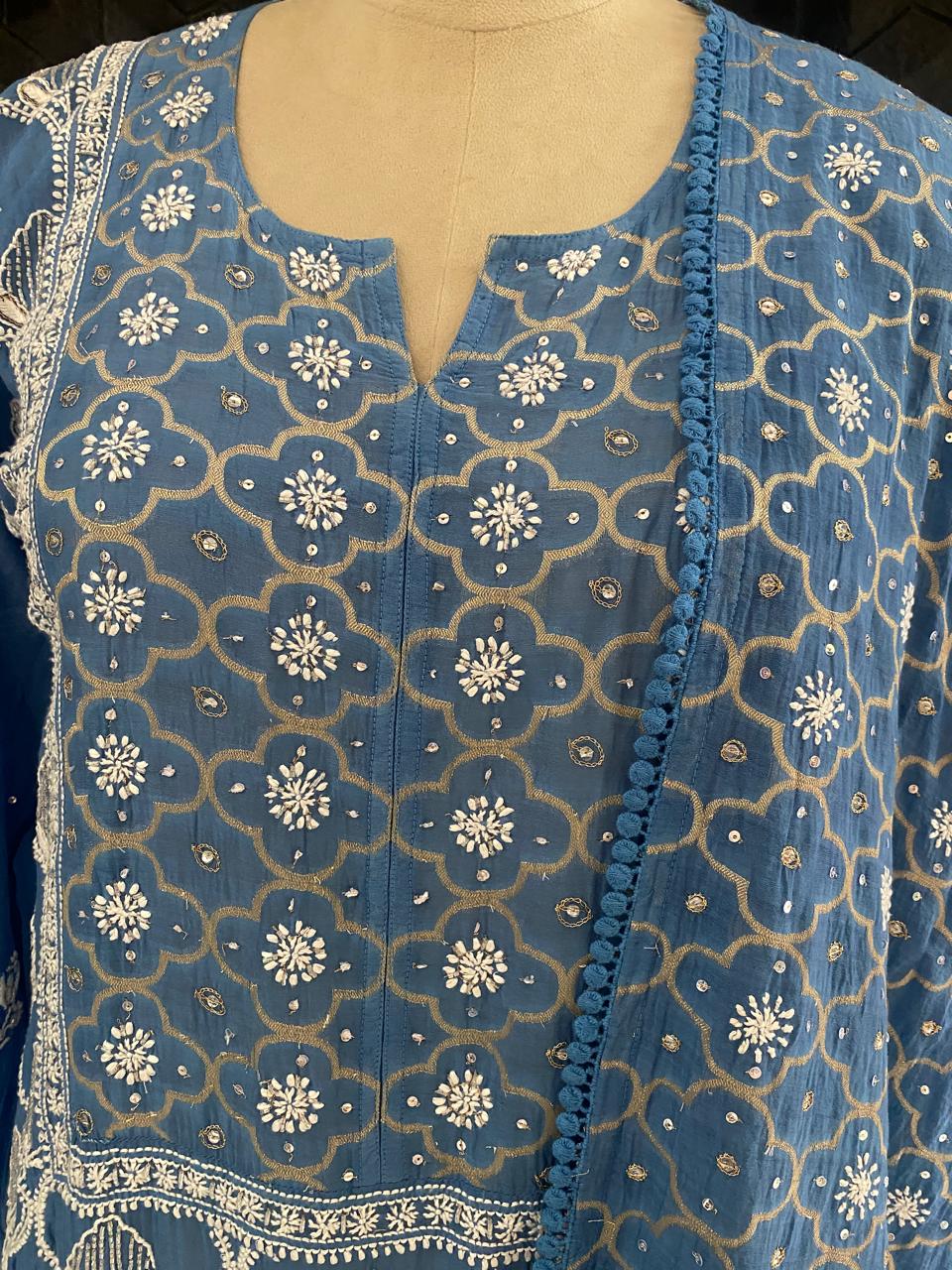 Cobalt blue Mul Chanderi Chikankari Kurta Se