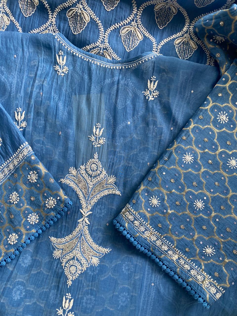 Cobalt blue Mul Chanderi Chikankari Kurta Se