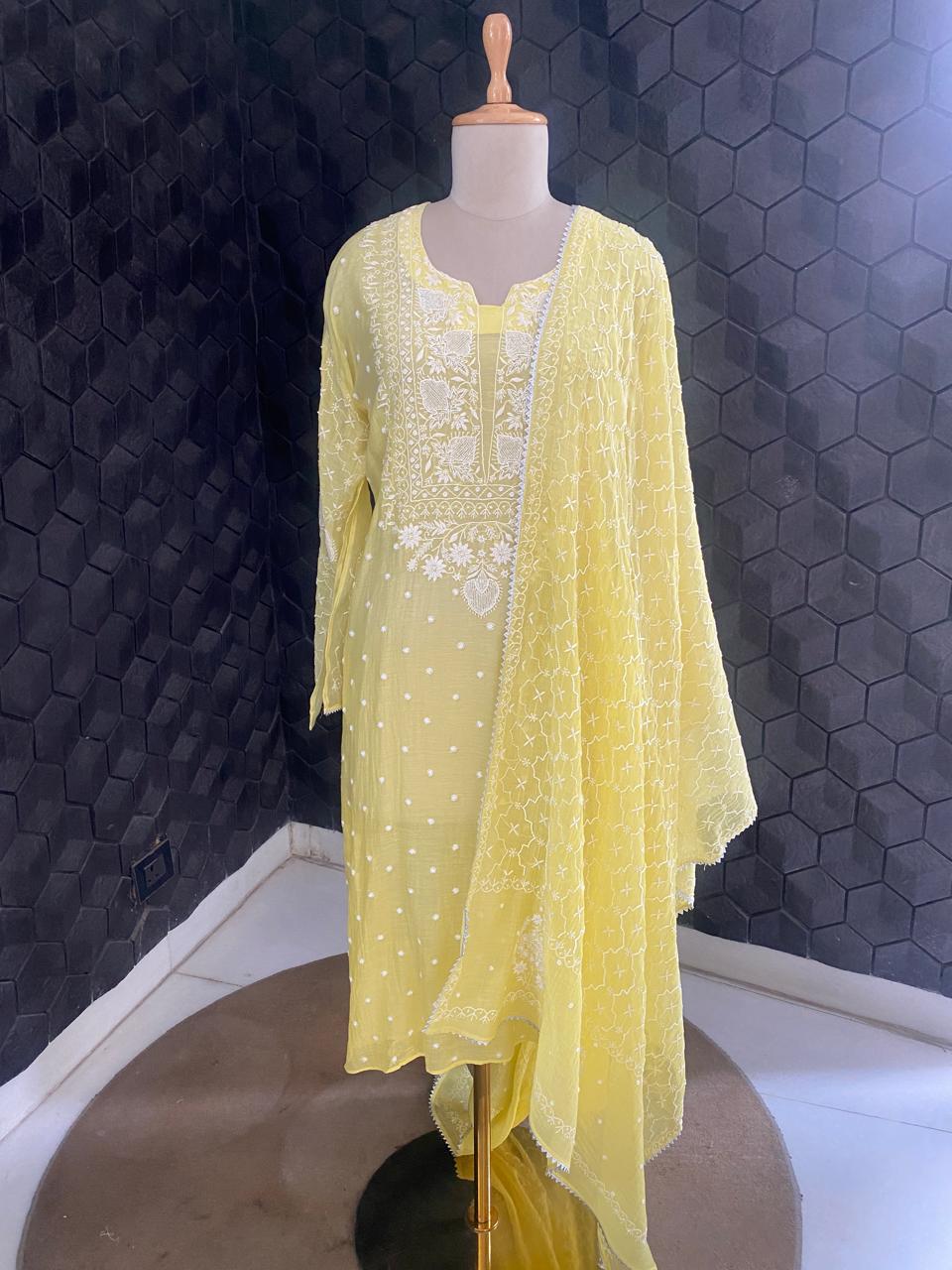 yellow Mul Chanderi Chikankari Kurta Set