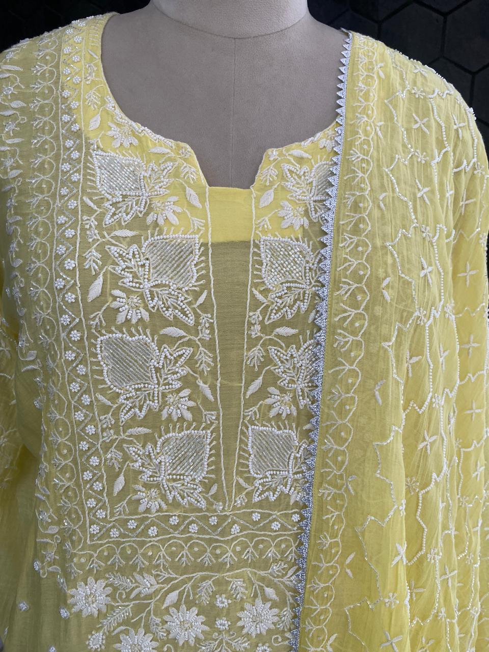 yellow Mul Chanderi Chikankari Kurta Set