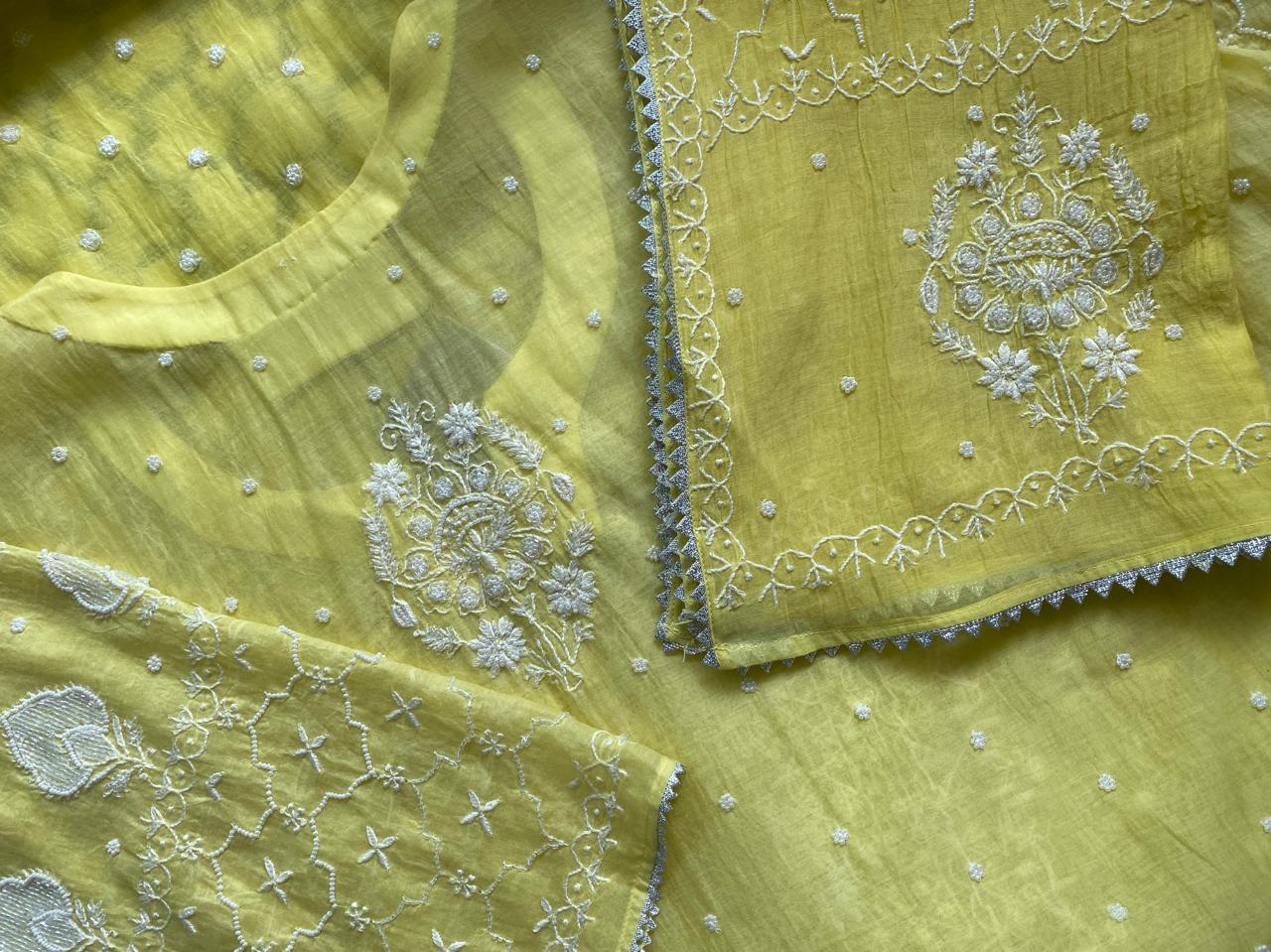 yellow Mul Chanderi Chikankari Kurta Set
