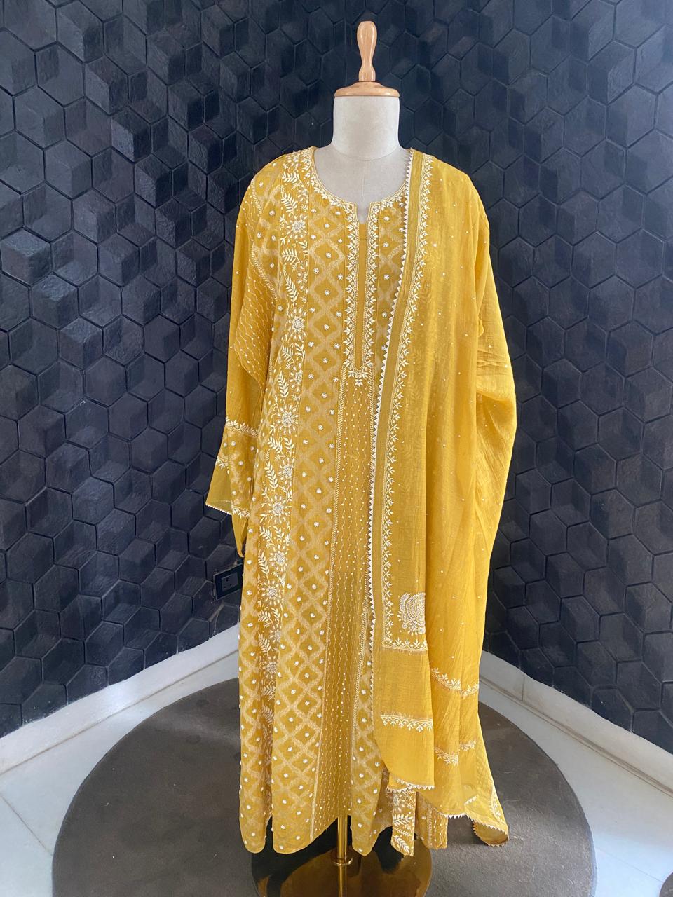 Mustard yellow Mul chanderi zari Box kasab anarkali suit