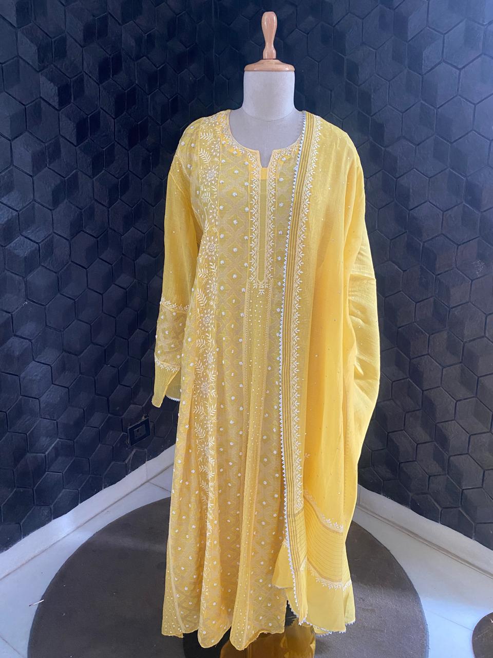 yellow Mul chanderi zari Box kasab anarkali suit