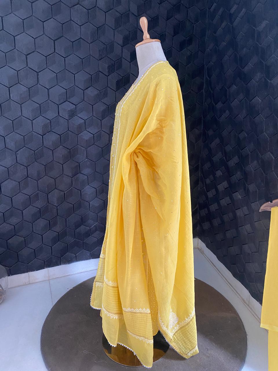 yellow Mul chanderi zari Box kasab anarkali suit